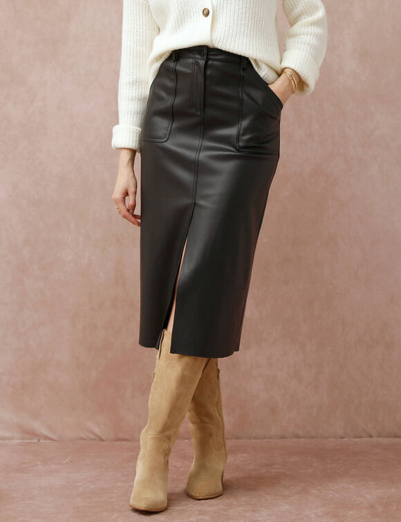 Jupe longue fendue, aspect cuir(**) (noir) Jupe longue fendue, aspect cuir(**) (noir)